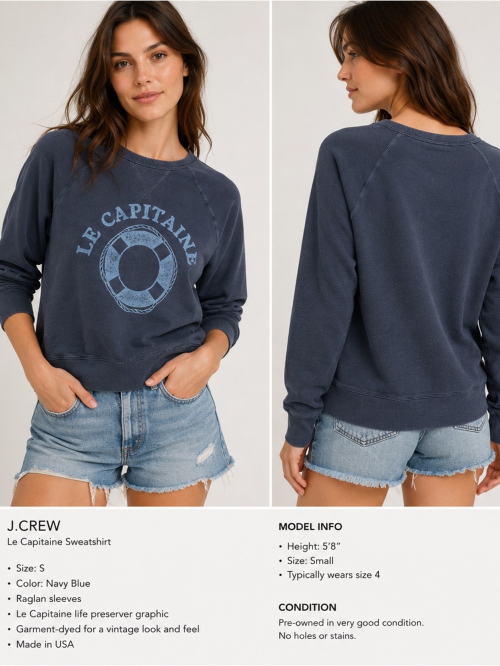 J.Crew Le Capitaine Sweatshirt Womens S Navy Blue Nautical Life Preserver 🛟